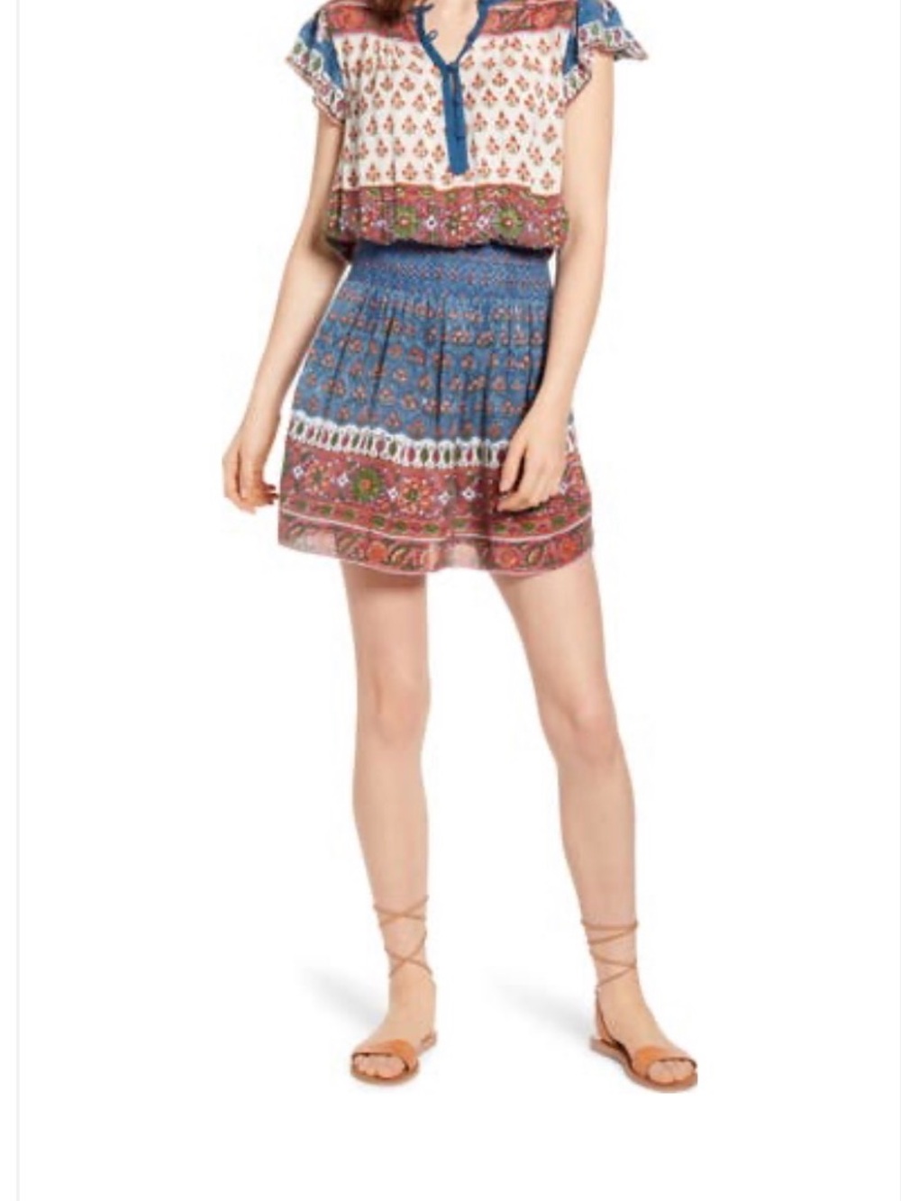 Faherty Boho Printed Mini Dress — White, Navy, Red, Green